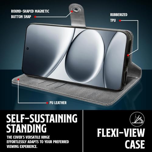 Image of WOW IMAGINE Shock Proof Flip Cover Back Case for Redmi Note 15 Pro 5G (Magnetic Button Flip Case | Wallet Pockets & Stand | Leather Finish | Stone Grey)
