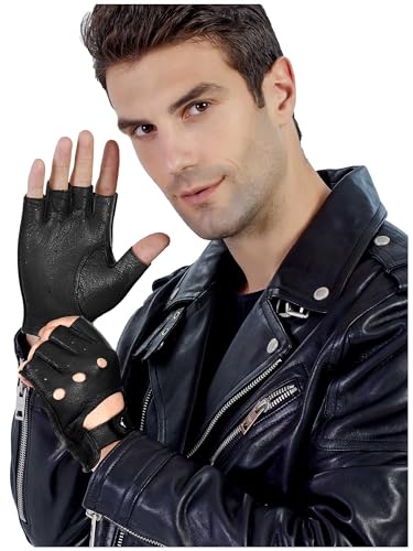 Image of GSG Men's Fingerless Leather Driving Gloves, Half Finger, lambskin | Half Finger Design, Breathable Comfort,Driving, Motorcycle Riding, Racing, Cycling, Daily Wear