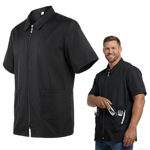 Barber Jackets for Men L Size Hair Repellent Hairdresser Smock with 2 Pockets Lightweight and Breathable Stylists Barber Smock Men Black Hairdresser Uniform Work Wear for Hairdressing Pet Grooming