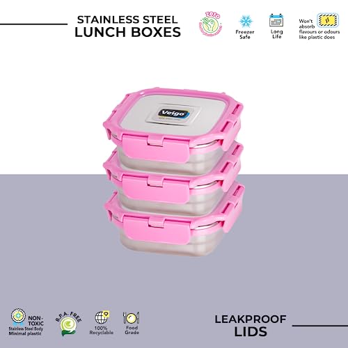 Image of Veigo Original Set Pack of 3 Stainless Steel Airtight & Leakproof Medium Lunch Box with Silicon Ring & Polymer Frame for Re-Heating|Safe Lid Lock|Square (330ML) Pink