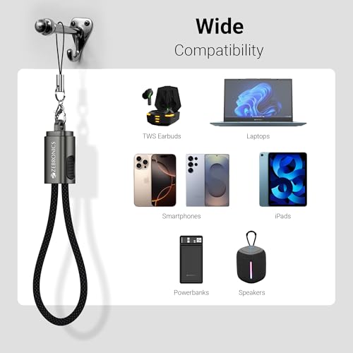 Image of Zebronics Wattz 60CC4 Type-C to Type-C Braided Cable, PD 60W, Upto 480Mbps Data Sync, 20 cm, Durable, Charge & Sync, Rapid Charging, Compact with Keychain Case, For Laptops, Tablets, Mobiles (Black)