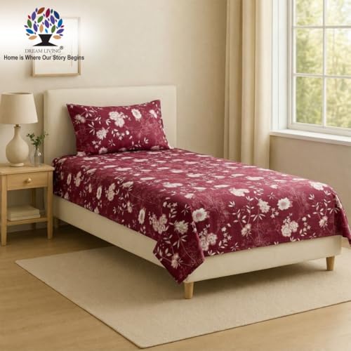 Image of Dream Living Printed Floral Single Bedsheet with 1 Pillow Cover | 120 GSM | 150x220 Cm | Maroon