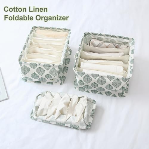 Image of House of Quirk Cotton Linen Set Of 3 Underwear Organizer Set - 5 /6 /9-Compartment Dividers For Closet & Drawer (White /Green Leaf), Clothing