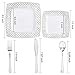 WDF 125PCS Silver Plastic Plates with Disposable Silverware,Diamond Square Plastic Tableware include 25 Dinner And 25 Salad Plates,25 Forks, 25 Knives, 25 Spoons