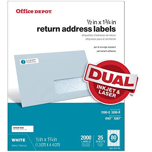 Office Depot White Inkjet/Laser Return Address Labels, 1/2in. x 1 3/4in, Pack of 2,000, 505-O004-0001