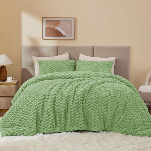 BEDELITE Fluffy Queen Comforter Set - Grass Green Fleece Soft Comforter for Queen Size Bed, Luxury Warm Bedding Set for Winter, Fuzzy Bed Set 3 Pieces (1 Comforter, 2 Pillowcases)
