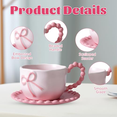 Bow Cup and Saucer Set 350ml Pink Bow Ceramic Coffee Mug Cute Mug Gifts for Women Girl Daughter Sister Bestie Friends Birthday Preppy Pink Stuff for Home School Office Use - Image 4