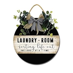 Laundry Room Wooden Front Door Sign Rustic Round Wreath Wall Hanger Porch Decor Spring and Summer Farmhouse Decoration Housewarming Gift 11 Inches