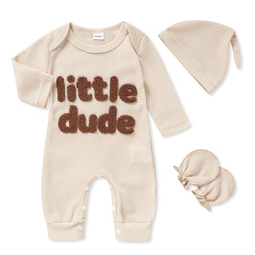 Image of GRNSHTS Newborn Baby Boy Romper Coming Home Outfits Letter Print Bodysuit Jumpsuit+Hat+Gloves 3PCS Clothes Set