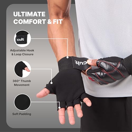 Image of CULT Fitness Training Gloves for Men & Women - Premium Grip Unisex Workout Gloves with Breathable Lycra & Half-Finger Design - Durable, Anti-Slip, Sweat-Absorbent Gym Gloves - Black Red | Small