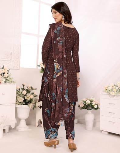 Image of Yashika Women's Printed Dress Material - Unstitched Crepe Fabric Kurti, Pants & Dupatta Set (AZ-YS-P4-COFFEE FLOWER)