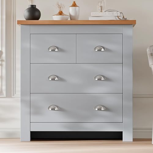 Blisswood Wooden Chest of Drawers, 2+2 Drawer Slim Storage Unit Cabinet with Oak Top for Bedroom Furniture, Chest for Living Room, Lounge, Hallway Office Furniture, Grey/Oak 38D x 75W x 81H CM