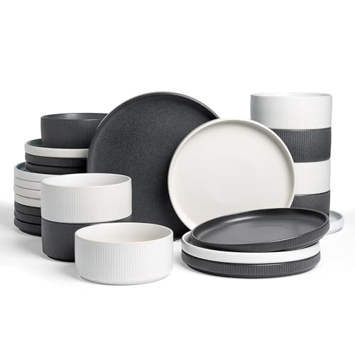 Image of Famiware Star 24-Piece Reactive Glaze Plates and Bowls Sets, Service for 8 - Stoneware Dinnerware Set, High Edge Ribbed Dishes, Chip & Scratch Resistant, Microwave & Dishwasher Safe, White & Black