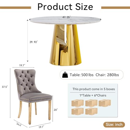 Image of 7-Piece Round Dining Table Set for 6, Modern Faux Marble Kitchen Table and Grey Velvet Chairs Set of 6, Luxury 45 inch Circle White Gold Dining Room Tables with Stainless Steel Base