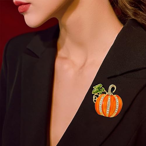 Image of Rhinestone Pumpkin Brooch Pin for Women, Halloween Thanksgiving Gold Tone Enamel Green Leaf Brooches Lapel Pins Cute Autumn Holiday Festival Hat Bag Suit Dress Jewelry Souvenir