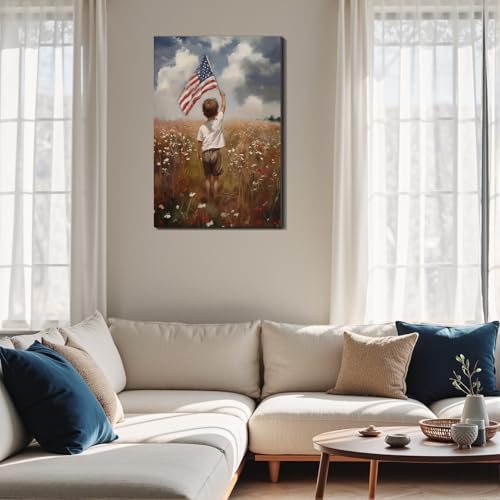 Image of Framed Patriotic American Flag Wall Art, USA Canvas Art Pictures, Red White Blue Wall Decor, Made in USA Ready to Hang for Living Room Bedroom Office Man Cave