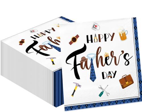 50 Pieces Happy Fathers Day Napkins Disposable Paper Blue Tie Cocktail Napkins for Fathers Day Party Supplies Decoration