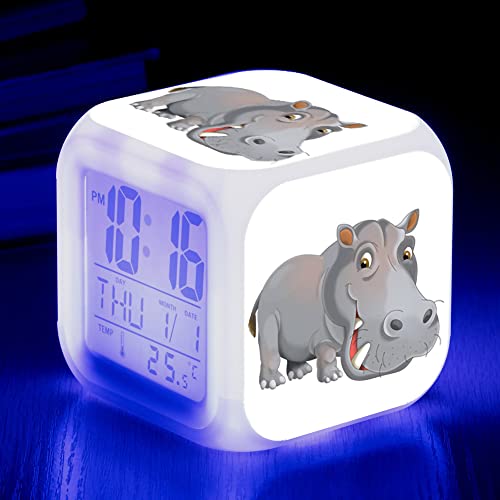 Reloj despertador con cambio de color de hipopótamo, reloj despertador con calendario de temperatura cuadrada de la serie Animal, reloj despertador con decoración del hogar de Anime, reloj despertador Cover