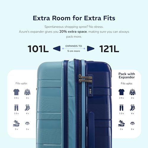 Image of Provogue Azure Hard-Sided PP 75 Cm Check-in Large Size Luggage Suitcase | Expandable Space with 8 Wheels Trolley Bags for Travel | Combination Lock | 5 Year Warranty (Saphire Blue /Peacock Blue)
