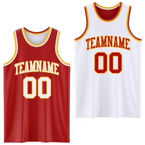 Custom Red White Gold Basketball Tanks Tops for Team/Player, Design Two-Toned Reversible Basketball Jerseys Shirts for Youth Kids Adults, Personalized Athletic Team Uniforms for Men Women Sports Fans