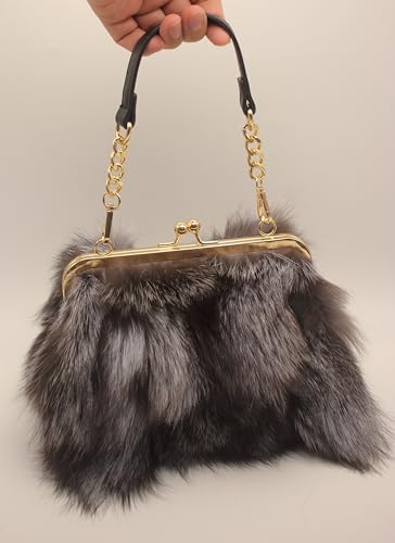 Image of Luxurious Fashion Natural Fox Fur with Hair Handbag for Women and Ladies