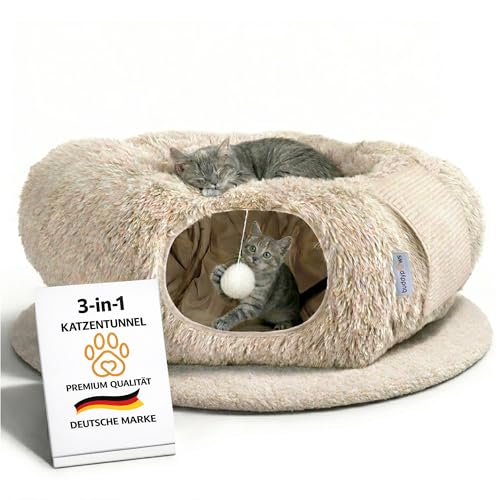 3-in-1 Katzentunnel mit Katzenbett & Kratzflächen | Flexibel nutzbarer Premium Katzentunnel aus weichem Plüsch als Katzenhöhle Katzenkorb & Katzenspielzeug | Waschbar | Mit Sisal Kratzmatte | BEIGE