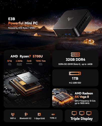 Image of KAMRUI E3B Mini PC with AMD Ryzen 7 5700U, 32GB DDR4 1TB M.2 SSD Mini Computer, Mini Gaming PC with USB Type-C, Desktop Computer Supports Triple 4K Display, WiFi 6, BT 5.2