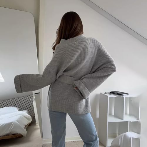 utcoco Womens Oversized Knit Cardigan Belted Wrap Sweater Long Sleeve Loose Fit Open Front Coat for Fall & Winter3
