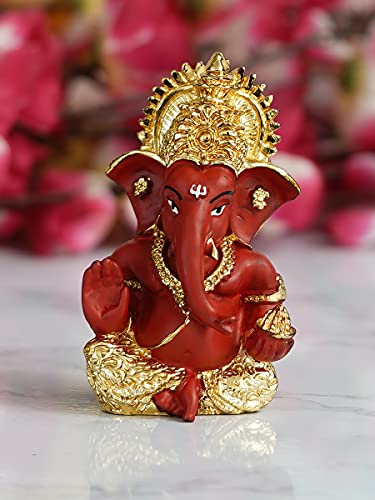 Image of eCraftIndia Golden And Red Polyresin Lord Ganesha Idol For Home, Temple, Office, Car Dashboard - Divine Home Decor For Ganesha Devotees- Gift For Family, Friends- Suitable For Ganesh Chaturthi, Diwali