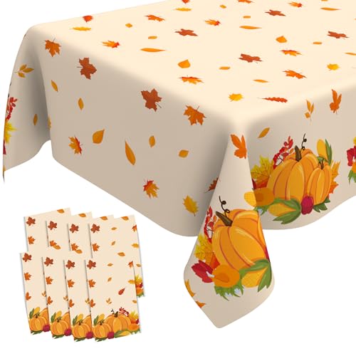 Image of 8 Pack Thanksgiving Tablecloth Plastic, Fall Table Cloths, Disposable Rectangle Pumpkin Maple Leaves Autumn Tablecloth Decor Table Cover for Autumn Fall Thanksgiving Home Party Decorations, 54 inchx108 inch