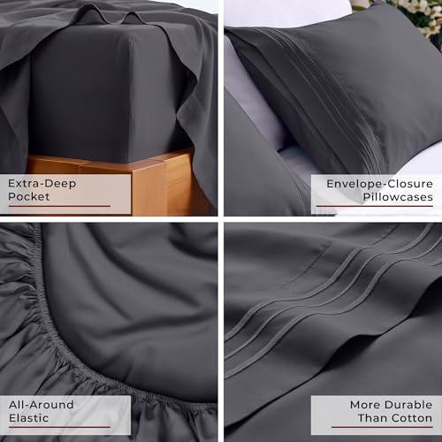 Image of Mellanni Split King Sheets Set - 5 PC Iconic Collection Bedding | Hotel Luxury, Extra Soft, Cooling Bed Sheets - Wrinkle, Fade, Stain Resistant (Split King, Charcoal)