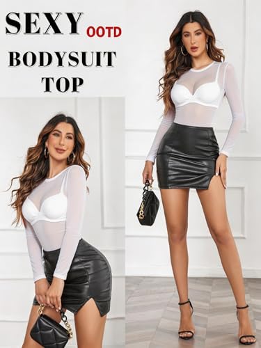 Image of Avidlove Womens Mesh Long Sleeve Bodysuit Round Neck Sheer Leotards Geo Print Bodysuit Top with Snap Crotch