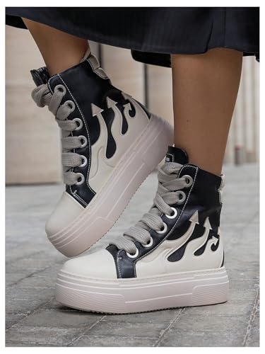 SHENHE Women's PU Leather High Top Sneakers Lace Up Platform Sneakers Flame Print Walking Shoes4