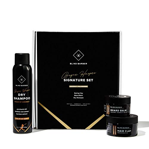Blind Barber Bryce Harper Signature Series Gift Set - Mens Hair, Beard & Grooming Kit with Dry Shampoo, Beard Balm, Hair Clay Styling Paste for Men (3 Piece Set)