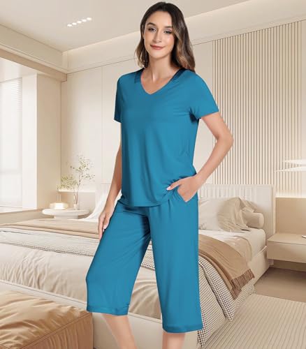 Image of NACHILA Bamboo Viscose Women's Pajamas Set Short Sleeve Pjs and Capri Pants | Soft like cloud,Breathable,Moisture wicking,Tagless