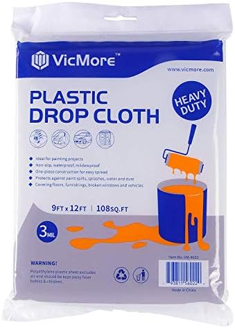 VICMORE Heavy Duty 3 Mil Plastic Drop Cloth for Painting 9 Feet by 12 Feet Strong and Durable Painters Plastic Tarp Waterproof Clear Cover
