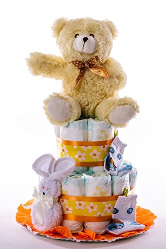 Tarta de pañales para bebé recién nacido. Un regalo original, incluyendo 20 pañales de la marca DODOT más peluche más calcetín más toalla facial, ofrecido por Flores AVRIL