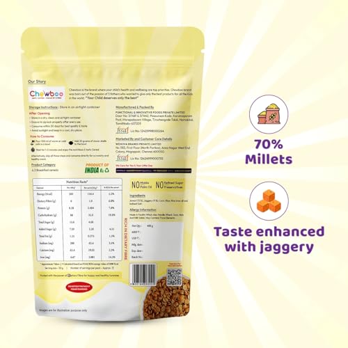 Image of Chewboo Jowar Millet Shells for Kids | Light & Gut-Friendly Fibre Cereal | 72% Jowar & Jaggery | No Refined Sugar | Crunchy Healthy Snack | 400g
