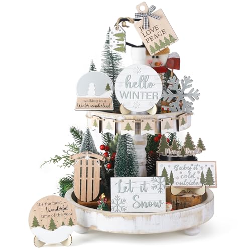 Thyle 16 Pcs Winter Tiered Tray Decor Set Wooden Winter Ornament Rustic Farmhouse Decorations for Gifting Table Home Decor
