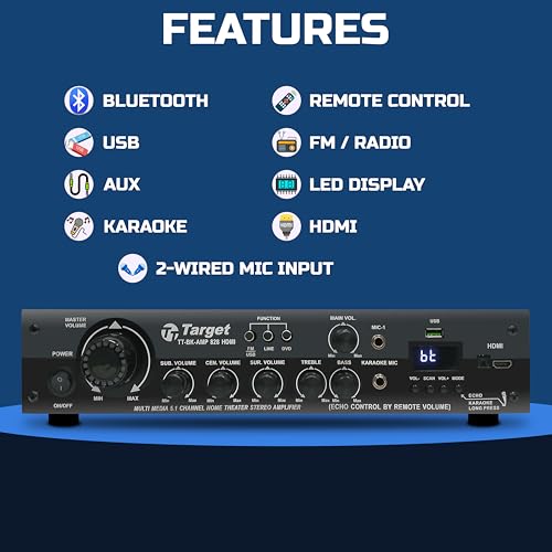 Image of TARGET TT-BK-AMP 828 Amplifier RMS 350 Watts 5.1 Channel Surround Six Tracks Stereo Amplifer HDMI, Usb, Bluetooth, Av, MIC, Karaoke,