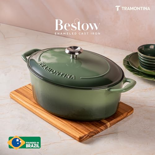 Image of TRAMONTINA Bestow Oval Dutch Oven 6.6L with Lid | Enameled Cast Iron Casserole Pot & Biryani Pot | Even Heat Retention | Low Oil Healthy Cooking | No Seasoning Required | All Cooktops Compatible | Green