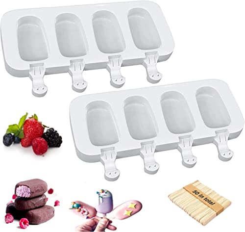 DohldpMoldes de Helado, 2 Pack 4Juego de Moldes para Polos, de Grado Alimenticio, sin BPA, para Niños, Adultos, Postre, Chocolate, Bricolaje(con 50 unids Palos de Madera)