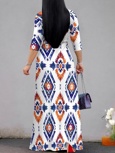 Image of PinkPatty Plus Size Maxi Dress for Women Casual V Neck 3 /4 Sleeve Boho Printed Long Dress with Pockets