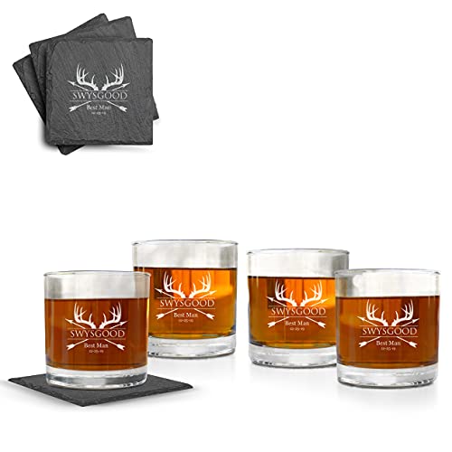 Vasos de Scotch con diseño y posavasos juego de 4
