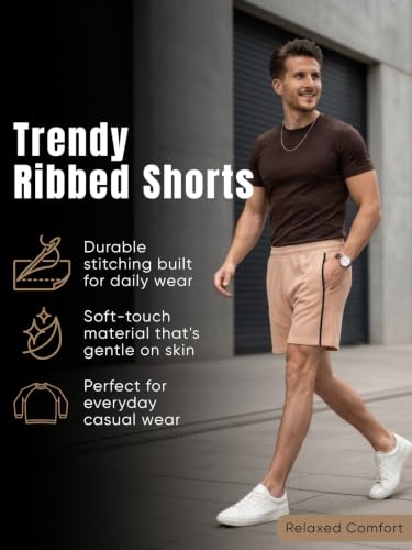 Image of Leriya Fashion Men's Ribbed Shorts | Stylish Summer Bottoms | Trendy Streetwear Half Pant | Elastic Waist Printed Summer Outfit | Relaxed Fit Casual Short's with Pockets | Gym Boxer Shorts for Men