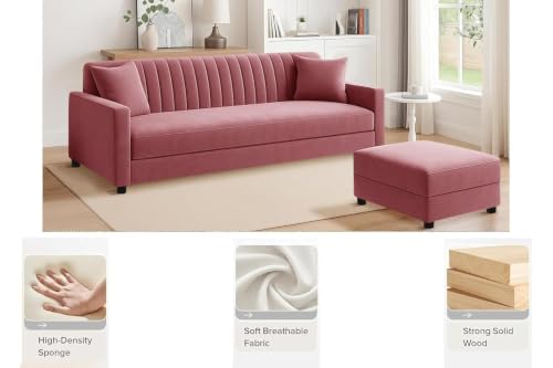 Image of Rosebell 3 Seater Sofa Set with Ottoman, Upholstered Sofa with Matching Footrest, Comfortable Seating for Living Room Bedroom Home Furniture - Rose Pink