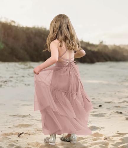 Boho Flower Girls Dress Tulle Backless Ruffle Girls Dress Beach Wedding Tiered Flowy Party Maxi Gown4