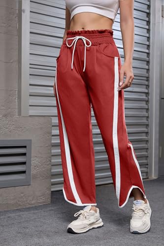 Casual Loose Drawstring Barrel Pants for Women Lightweight Baggy Contrast Color Workout Y2k Track Pants Red S3
