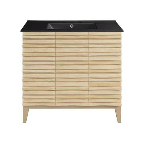 Image of Swiss Madison Cascade 36 in. Natural Oak Bathroom Vanity with Black, 3-Hole Ceramic Sink Top