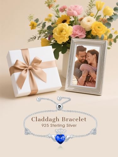 Claddagh Bracelet 925 Sterling Silver Irish Claddagh Bracelet with 12 Months Heart Birthstone Irish Good Luck Jewelry Gifts for Women3